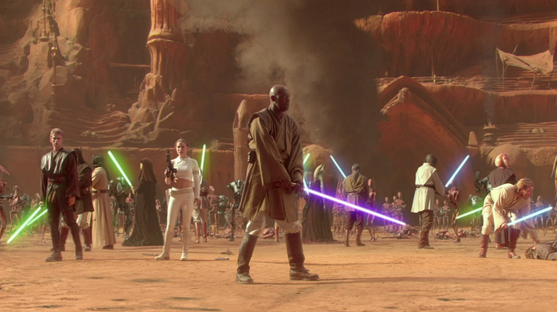 mace Windu leading a group of Jedi on Geonosis in Attack of the Clones (2002)