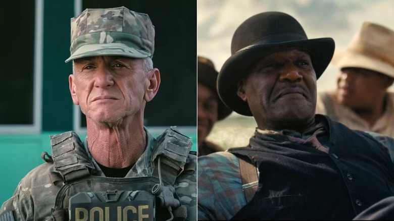 Lockjaw in military garb looking into the middle distance in One Battle After Another and Delta Slim in the car smiling in Sinners